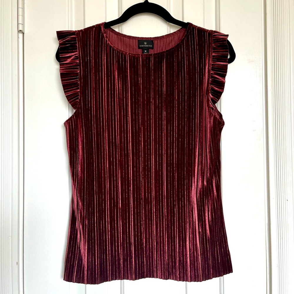 Velvet shell with ruffle & pleat detail